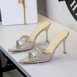 678-2 European and American super high heels, sexy slim heels, women's pointed toe, exposed toe, woven fabric, versatile and fashionable sandals