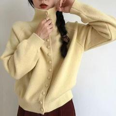韩系高领纯色针织外贸新款休闲复古百搭包扣简约气质外套女