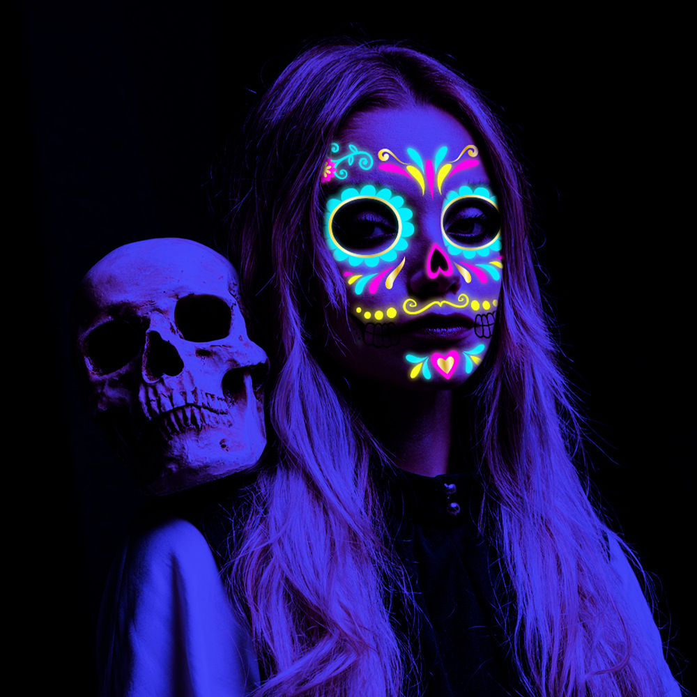 Tatuajes Temporales Metalizados para Cara de Papel de Transferencia de Agua, Fluorescente para Fiesta de Halloween
