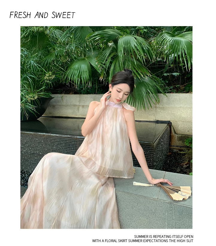 【中國直郵】 奢笛熊 新中式國風復古紮染油畫掛脖上衣 夏季高腰寬鬆半身裙 兩件套裝 M碼