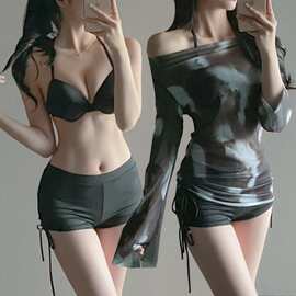 批发泳衣女晕染一字肩长袖罩衫比基尼三件套性感纯欲钢托bikini