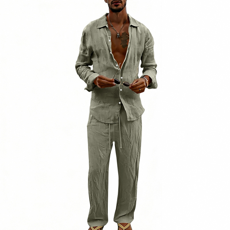 Unabhängige Website Herren-Freizeitanzug im amerikanischen Stil, locker sitzend, atmungsaktiv, aus Leinen, langärmeliges Hemd und gerade geschnittene Hose, für alle Jahreszeiten_voghion.com
