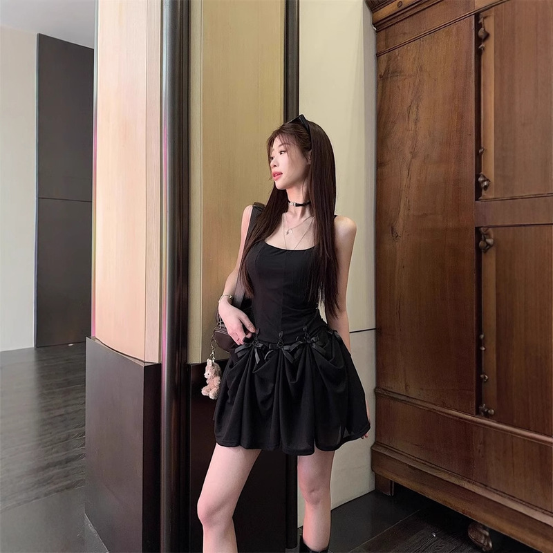 French Blue Suspender Dress for Women Summer Bow Gentle Style Mid-Length Skirt Slim Waist Slimming Short Skirt