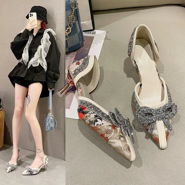 Женские туфли на высоком каблуке со стразами и бантом, новинка 2023 года, летние остроносые французские туфли на шпильке для девочек