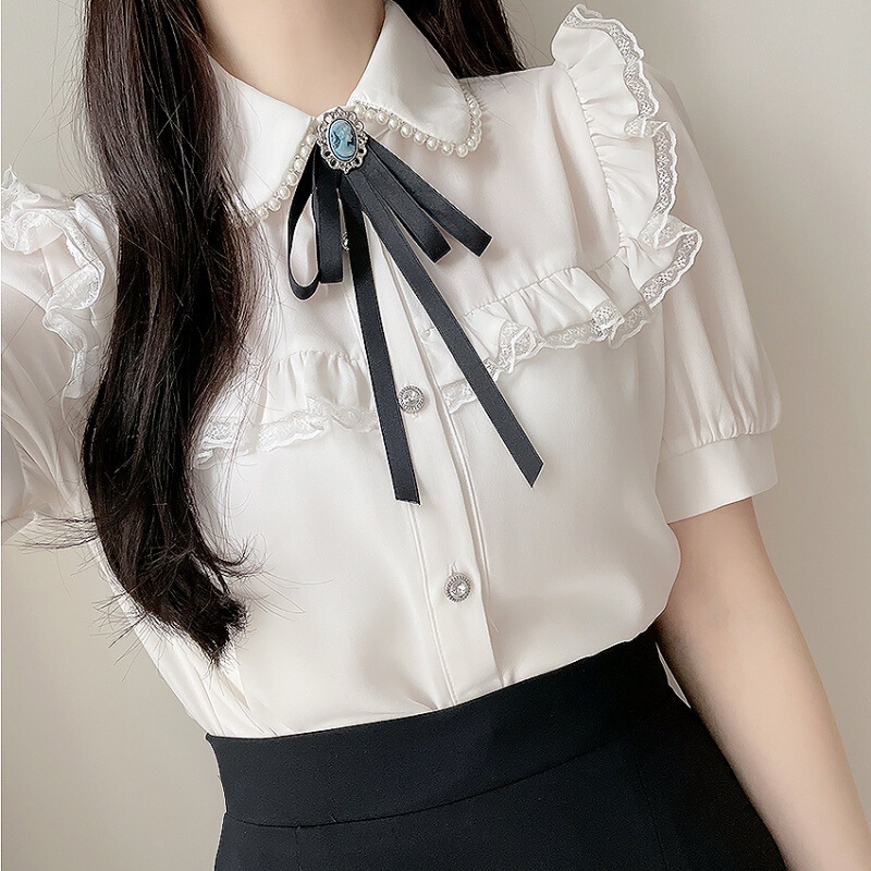 Summer new sweet preppy style lace bow tie doll collar shirt Women's solid color short sleeve shirt Summer new sweet preppy style lace bow tie doll collar shirt Women's solid color short sleeve shirt