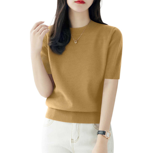 Elegant and Fashionable 5-Button Sleeve Knit Top for Women, Summer New Arrival, Slimming, Round Neck, Loose Fit, Layering Base Shirt