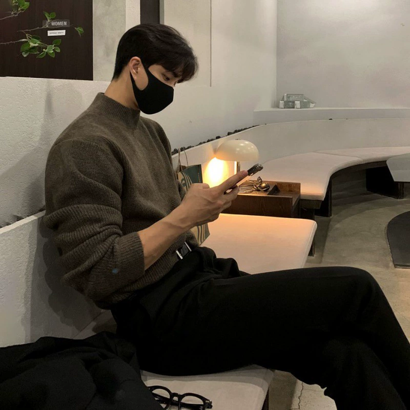 MYQ, осенне-зимний свитер с высоким воротом, мужской модный однотонный вязаный свитер в Корейском стиле, Базовая рубашка со средним воротником, теплая внутренняя одежда