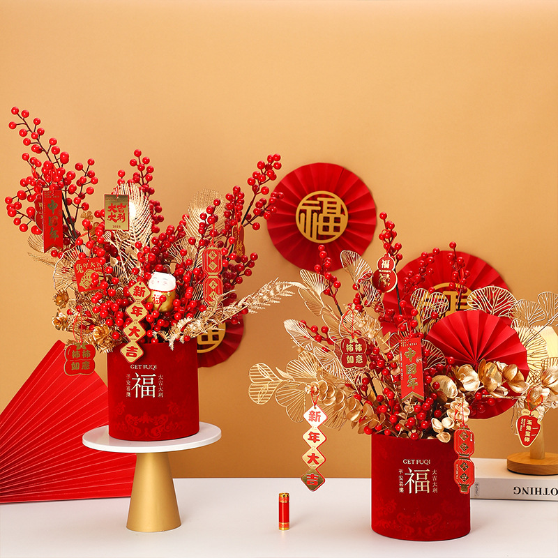 Año Nuevo de terciopelo, decoración roja del Festival de Primavera, flores rojas, flores de Año Nuevo, barril de flores de sauce de plata, barril de abrazo de Año Nuevo.