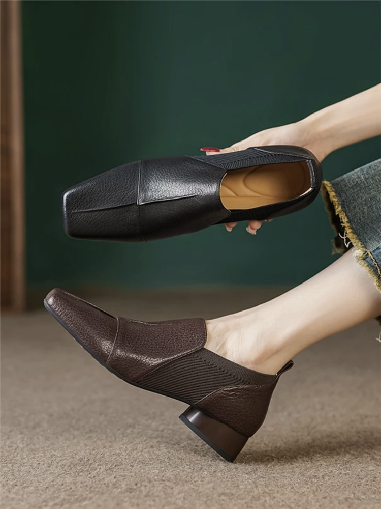 Scarpe vintage in pelle con tacco largo donna punta quadrata_voghion.com