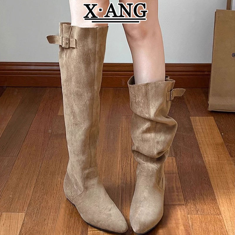 牛皮版尖头粗跟褶皱堆堆靴不过膝高筒靴西部牛仔靴长靴骑士靴子女