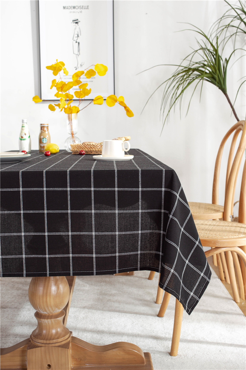 Tovaglia rettangolare geometrica a quadri a doppia linea in cotone-poliestere con bordo arrotolato, ideale per tavoli da pranzo e tavolini da caffè._voghion.com