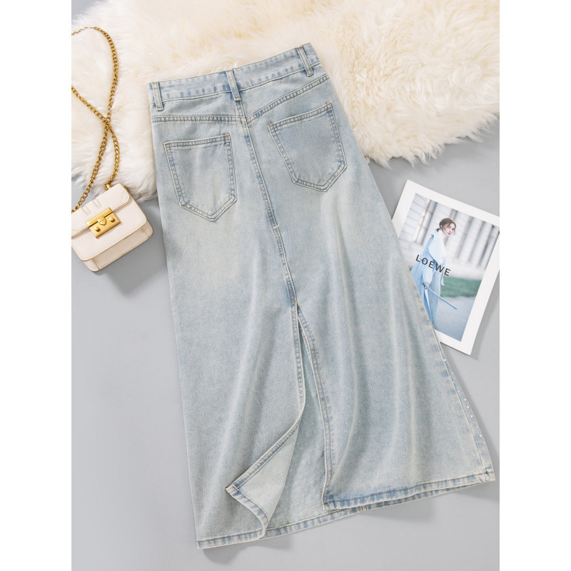 Plus-Size High-Waisted A-Line Denim Skirt for Women, Summer 2026, New Style with Heavy Rhinestone Embellishment, Loose Fit, Slimming, Trendy