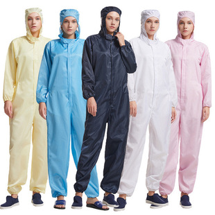 Anti-Static Dust-Free Coverall with Hood, Striped, for Electronics, Food Factories, Laboratories, Pharmacies, Cleanroom Workwear