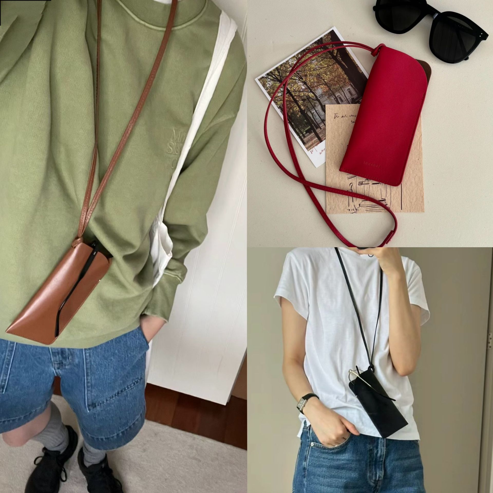 慵懒感韩式头层牛皮挂脖眼镜包moondal便携挂绳眼镜盒真皮钥匙包