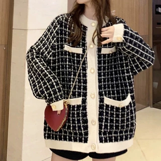 韩版小香风毛衣格子夹金丝外套女秋冬新款撞色慵懒风宽松针织开衫