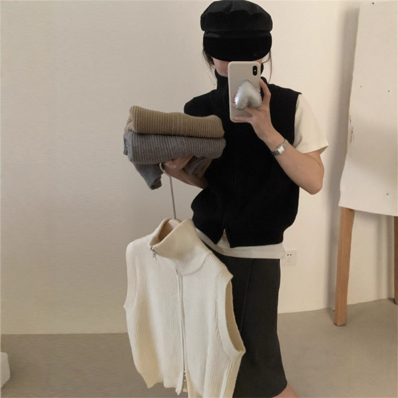 Knitted Vest with High Collar and Double Zipper, Comfortable and Simple, New Autumn and Winter Style, Versatile and Slimming, Base Layer Tank Top