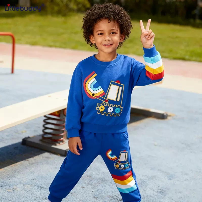 跨境春秋新款童装洋气趣味印花  圆领纯棉两件套儿童帅气卫衣套装