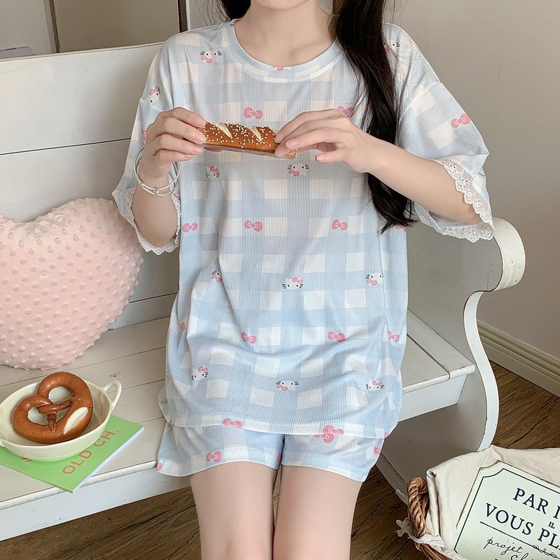 Venta al por mayor transfronteriza de seda de hielo hilo cuello redondo pantalones cortos de manga corta encaje estilo de explosión moda de verano pijamas de manga corta ropa de hogar para mujer
