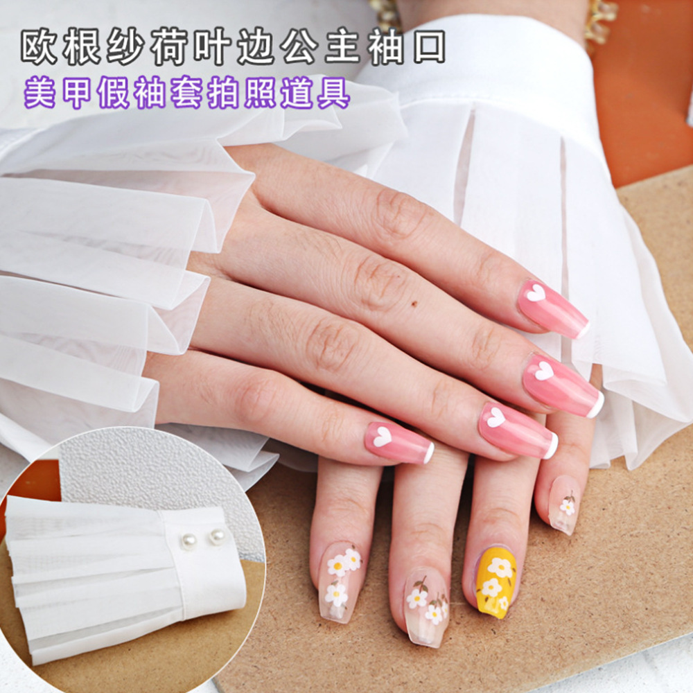 Arte del clavo falso manguito de tiro apoyos organza con volantes princesa manga boca doble fila botón diseño tamaño ajustable