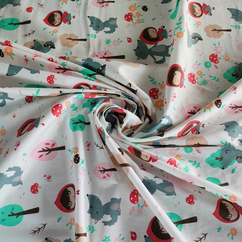 跨境热卖纯棉斜纹布料 全棉白底小红帽 床上用品 儿童睡衣面料