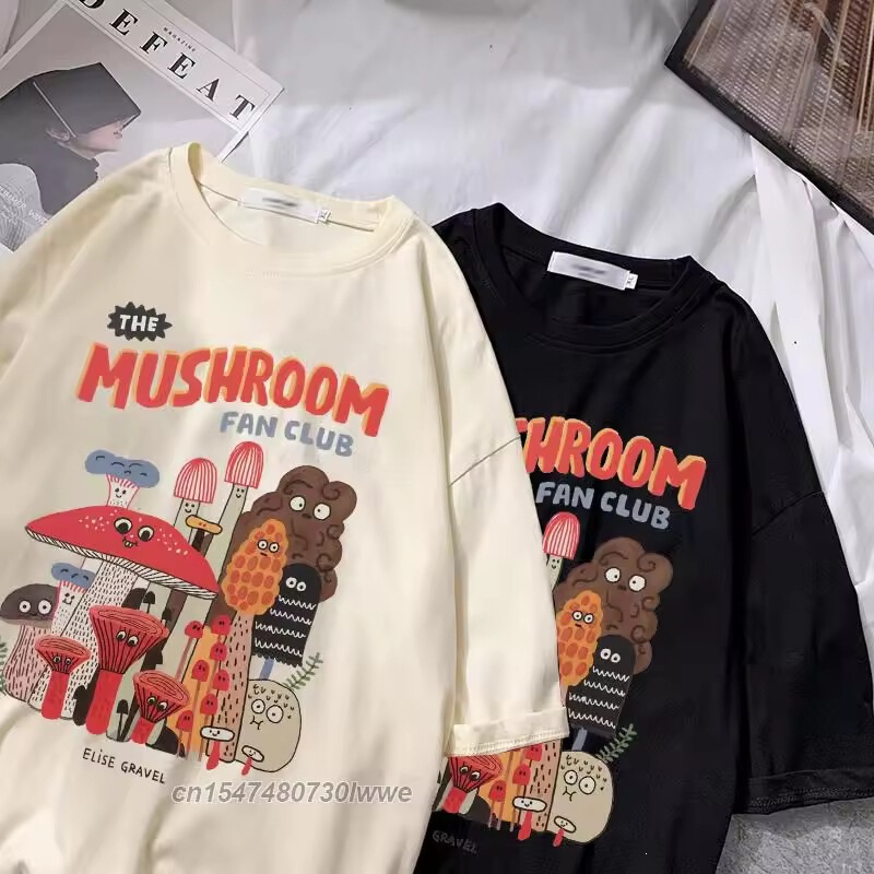Cross-Border Cartoon Mushroom Fan Club Print T-Shirt, Soft Cute Style for Both Men and Women, Short Sleeve