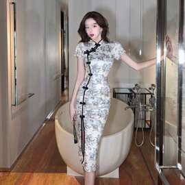 中国风改良版旗袍盘扣碎花立领连衣裙女夏季收腰开叉包臂中长裙子