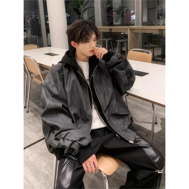 American-style Retro Bomber Jacket Fake Two-piece PU Leather Jacket Men's and Women's Fashionable High-end cleanfit Baseball Suit American-style Retro Bomber Jacket Fake Two-piece PU Leather Jacket Men's and Women's Fashionable High-end cleanfit Baseball Suit