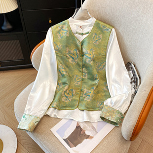 New Chinese Jacquard Satin Handmade Button-Up Stand Collar Top Ladylike Gentle Elegant Vest Biedie
