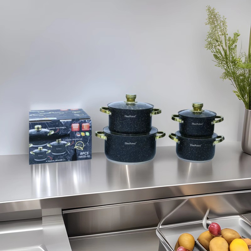 Set de cocina de acero inoxidable 8 piezas set de exportación doméstica utensilios de cocina de punto negro combinación de cocina de gas transfronteriza