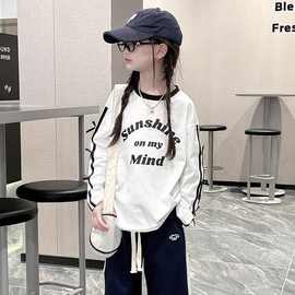 纯棉长袖T恤女童打底衫2025春秋新款条杠蝴蝶结儿童中大童装上衣