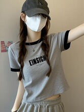正肩短袖T恤女棉打底衫撞色减龄设计感小众辣妹高腰短款上衣夏