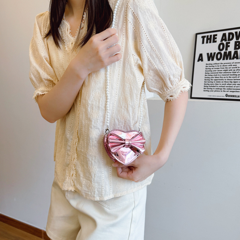 Bolso de hombro de niña brillante láser de moda Mini love bowknot bandolera de bebé bolso de cadena de perlas para niños