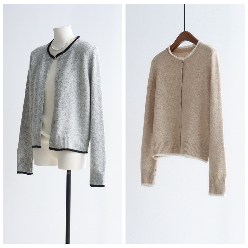 Korean Style Autumn and Winter Color-Blocked Round Neck Knitwear Cardigan Wool Brushed Yarn Long-Sleeved Knitwear Jacket Short Top New Product