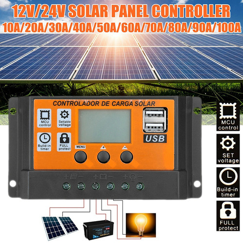 Solar Controller 0-100A 12V / 24V Dual USB LCD Solar Panel Charger Orange Controller