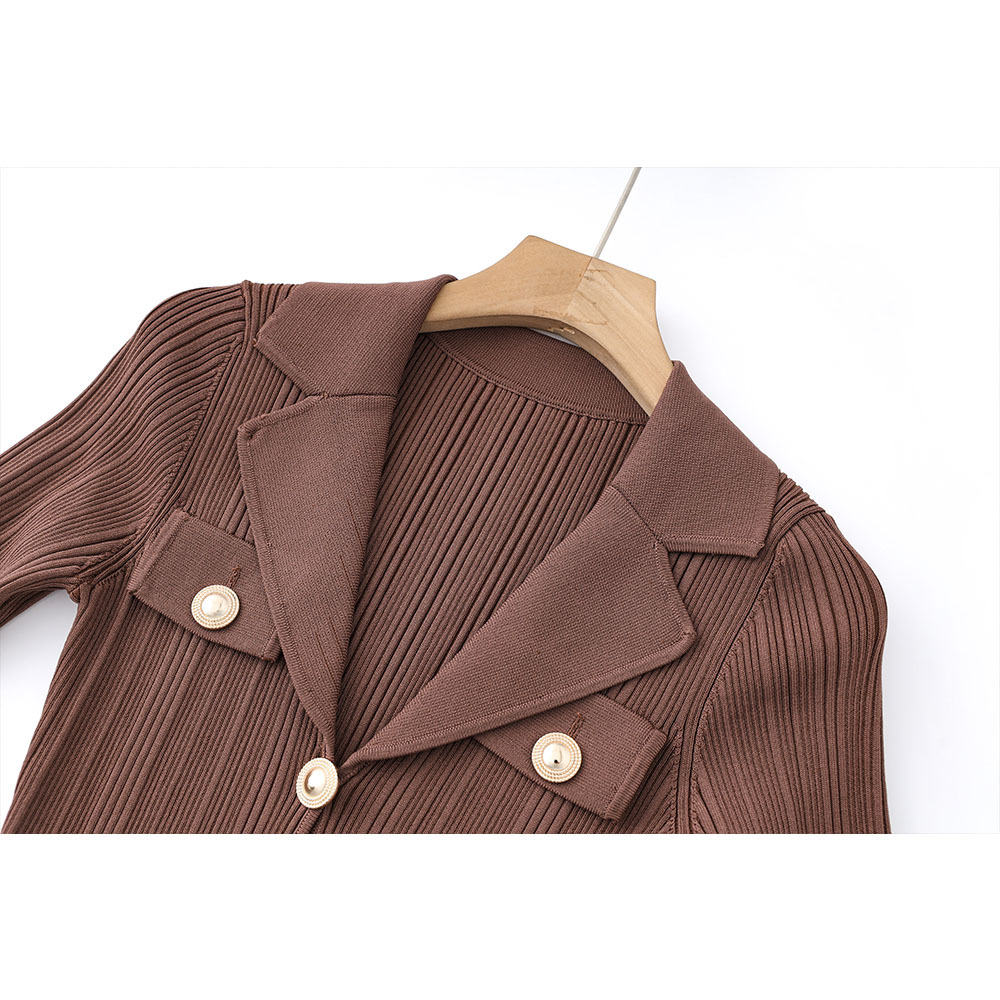 Women's Long Sleeve Blazer Collar Midi Dress Metal Buttons Rib Knit Bodycon Elegant Office Evening Wear Slip Dress_ecoleips.com