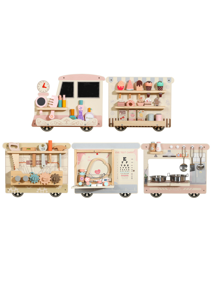 Nuevos productos transfronterizos, juguetes de madera para niños, jardín de infantes, educación temprana Montessori, parque de atracciones de pared de tablero ocupado multifuncional