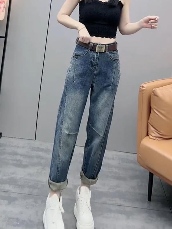 大码女装复古显瘦直筒牛仔裤女2025秋季新款高腰修身百搭哈伦裤子|undefined