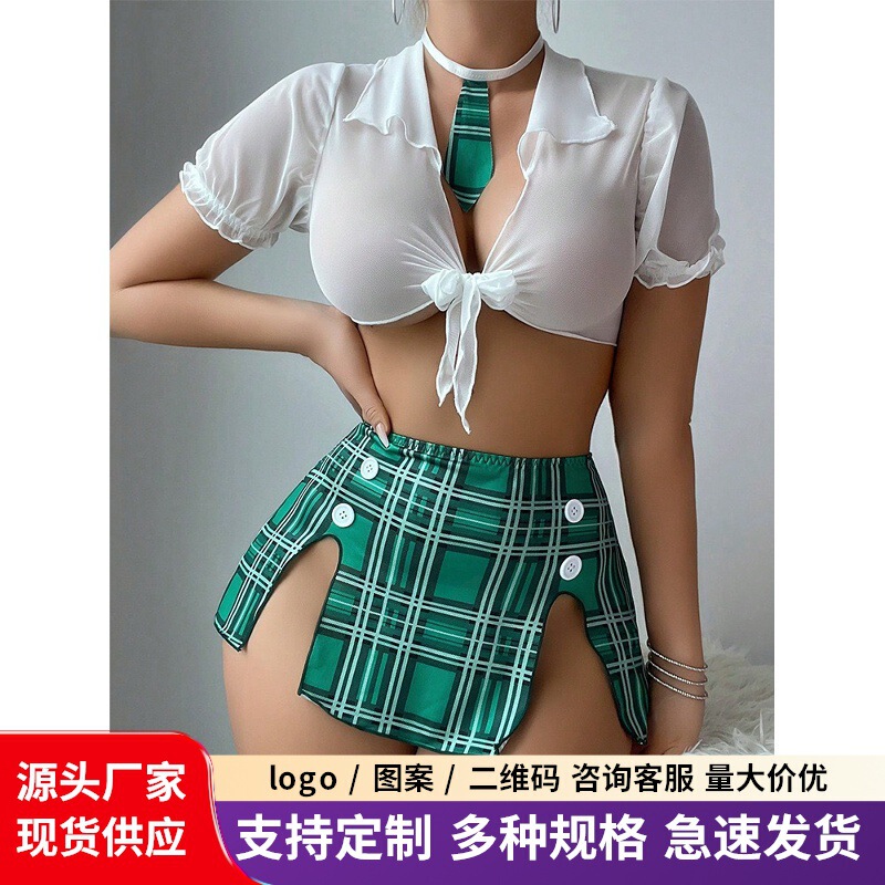 Foreign Trade Cross-Border Supply Sexy Sleepwear, Erotic Uniform Nightgown, Short Skirt, European and American Style Plaid Slit Short Skirt 5-Piece Set