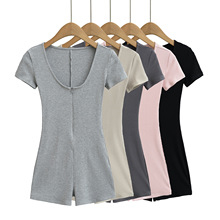 性感辣妹短袖连体衣女2025新款纯欲显身材瑜伽健身V领拉链紧身裤