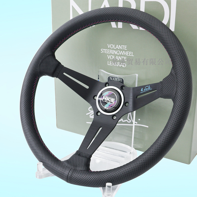 Cross-Border Best-Selling Hks Classic Quick-Release Steering Wheel, Large Concave 14-Inch 350mm Three-Color Stitching Genuine Leather Racing Steering Wheel