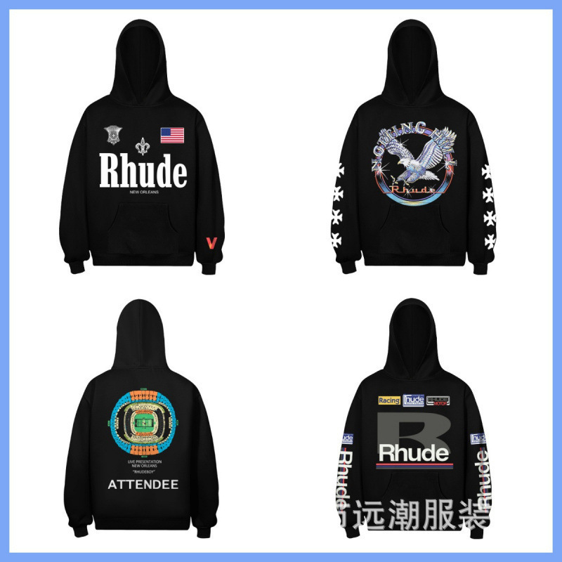 25Fw Cross-Border Export American Niche Trendy Brand Rhude Hip-Hop Street Retro Racing Style Printed Hooded Sweatshirt