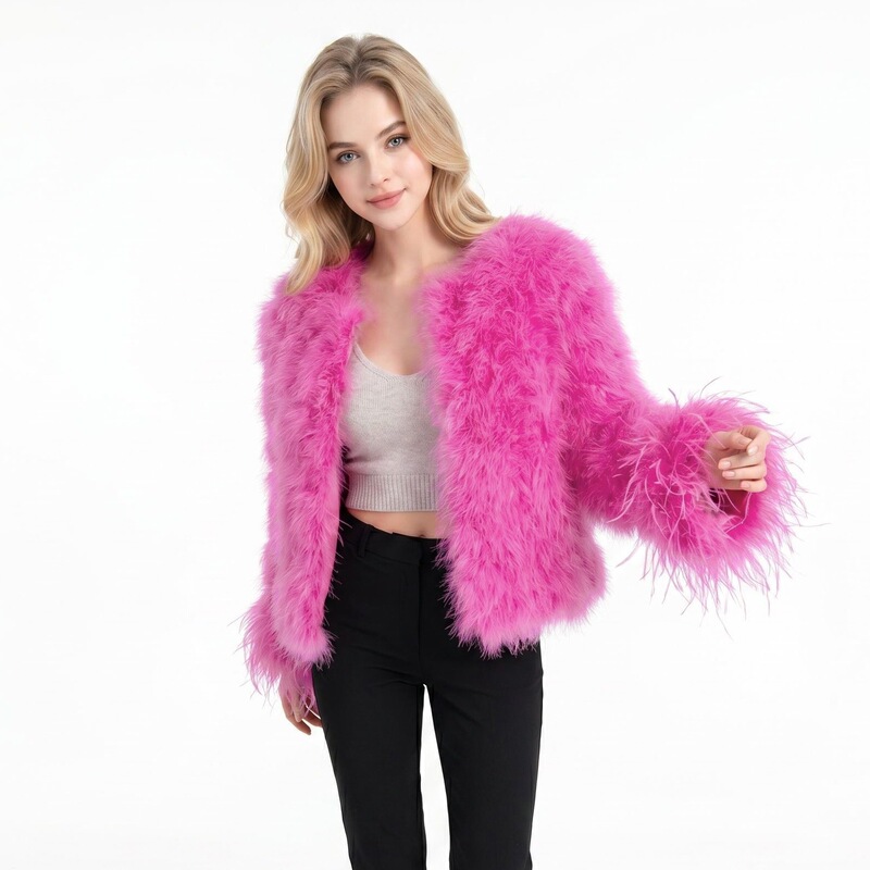 Cross-Border Foreign Trade Processing Turkey Feather Ostrich Feather Short Coat for Women Winter Thick Cotton Coat Real Fur