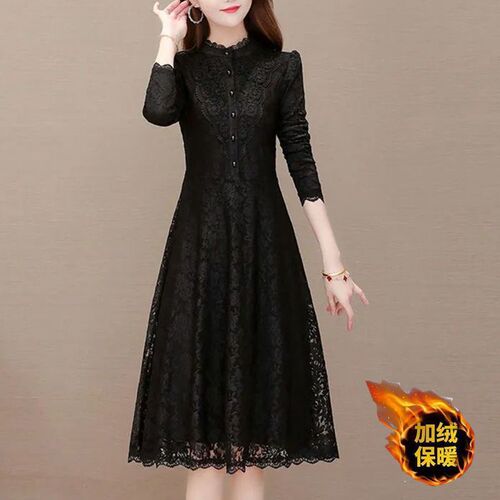 Winter and Spring New Fleece and Thick Lace Dress for Petite Women, Cold-Proof and Warm, Complements Overcoat as Base Layer Skirt