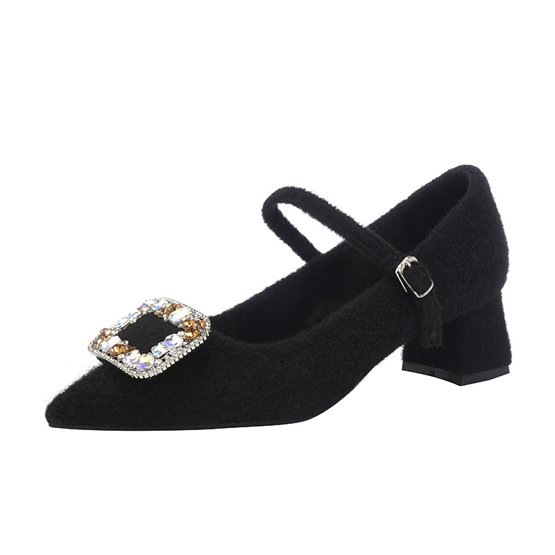 2025 nuevo estilo de moda francesa de diamante cuadrado botón punzante zapatos de tacones altos de mujer de terciopelo grueso zapatos de mujer de terciopelo