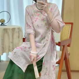 2026夏季新中式苎麻印花刺绣斜襟连衣裙文艺复古气质茶服中长裙