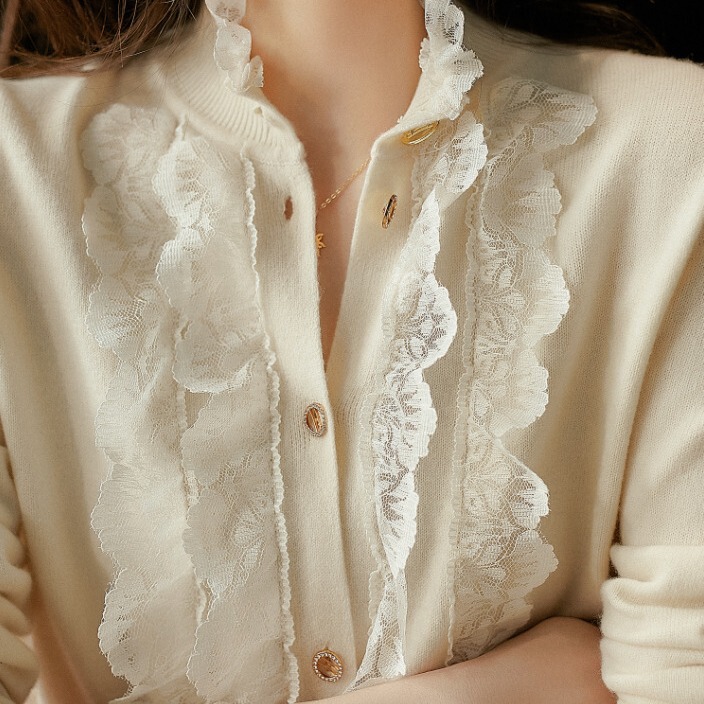 The treasure is so worth it! High Fashion Lace Trim 50 Wool Knitted Cardigan Sweater Cardigan Women