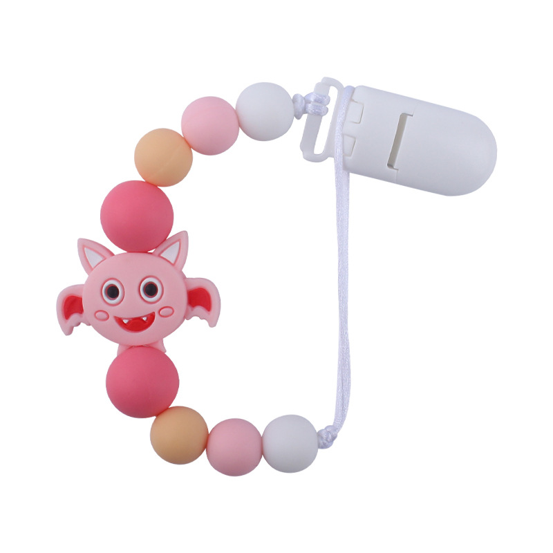 Nuevo bebé suministros de dibujos animados animal murciélago chupete cadena calmante bebé cuentas de silicona mordedura molar cadena anti-gota