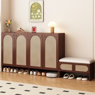 New Retro Rattan Shoe Cabinet Door Shoe Changing Stool Home Simple Modern Entrance Wall Storage Cabinet Entry Living Room