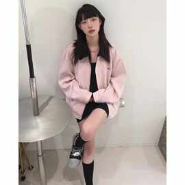 韩系学院风粉色麂皮绒棒球服外套女春秋款小个子宽松休闲翻领夹克
