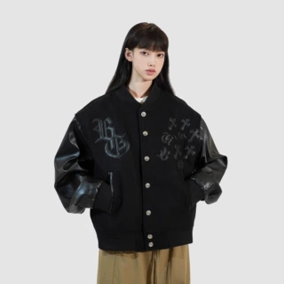 定制美式毛呢字母十字架刺绣棒球服 夹克 男女宽松痞帅PU皮袖外套
